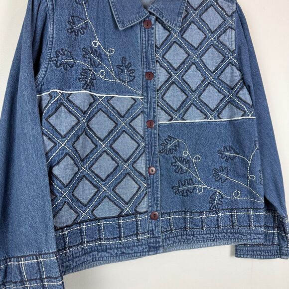 Sara Studio Jacket Women Sz M Blue Denim Embroidered Button Front Patchwork Boho - Picture 4 of 9